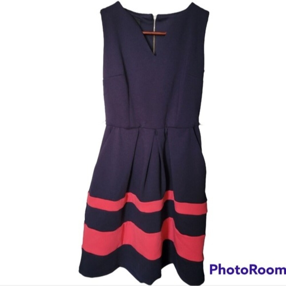 Iz Byer Work Dress 1 Preppy Color Block Navy Blue Pink Stripe Career Summer Prep